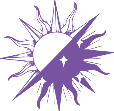 Purple rendition of the sun with star shaped cut outs of the sun
